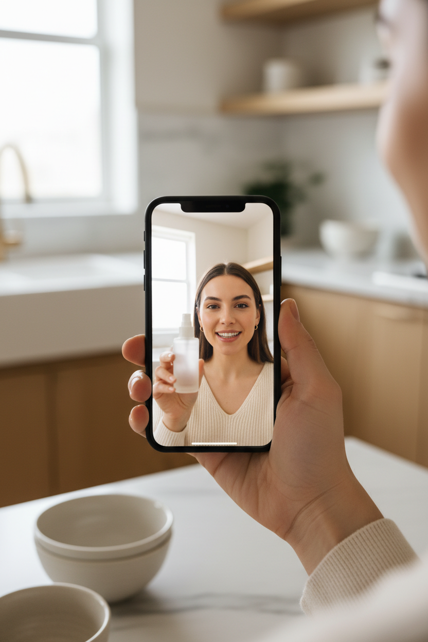 AI UGC video generator creating a selfie-style skincare video ad on a smartphone
