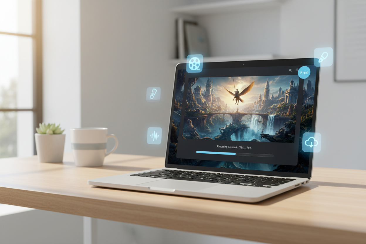 Best free AI video generators shown on a laptop making a clip for free