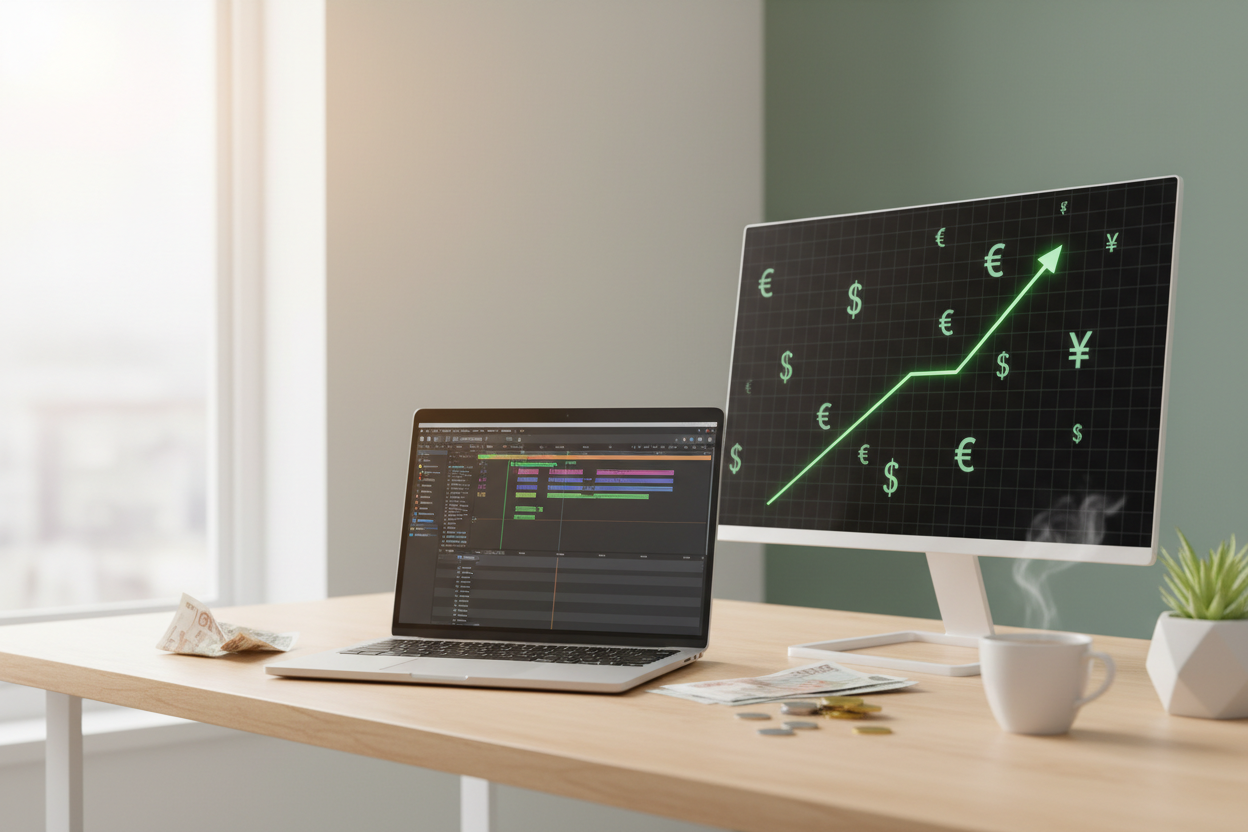 Making money with AI videos shown by a video editor beside a rising earnings graph