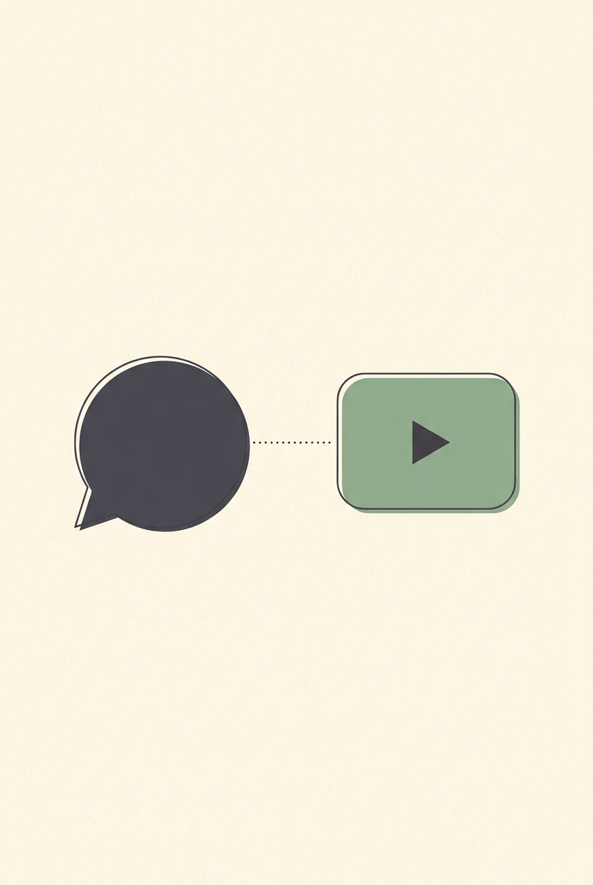 Flat illustration of a speech bubble joined by a dotted line to a video frame with a play symbol, representing text to video generation