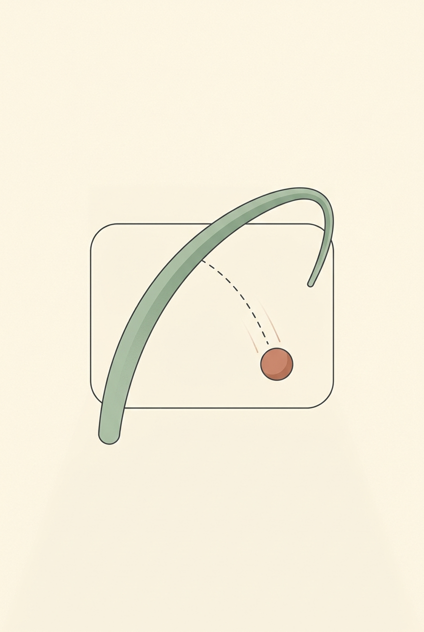 Flat illustration of a video frame crossed by a motion arc with a sphere falling along a parabola, representing physical motion and gravity in generated video