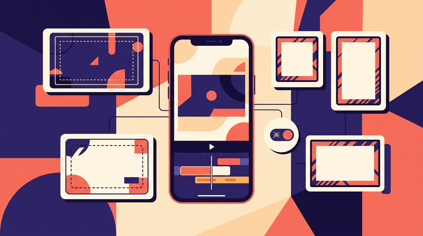 Flat illustration of a vertical phone showing a video timeline surrounded by safe-area and aspect-ratio guide cards