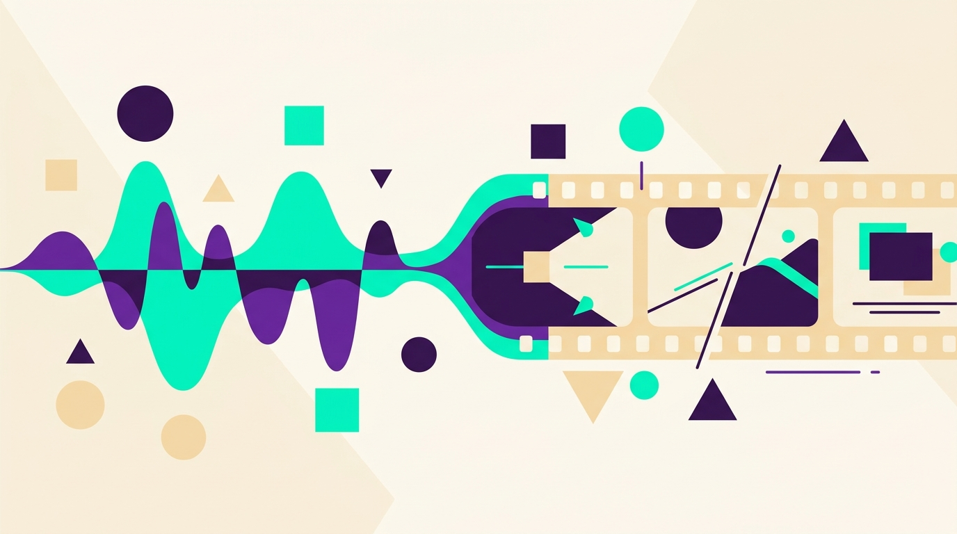 Flat illustration of an audio waveform morphing into a strip of film frames with beat markers