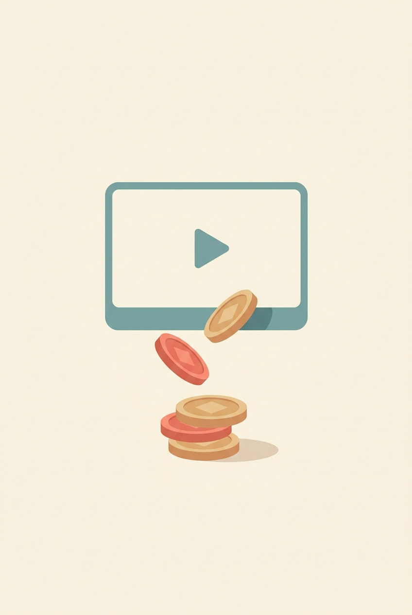 Flat vector illustration of credit tokens flowing into a video player frame, showing the credit cost of AI video generation