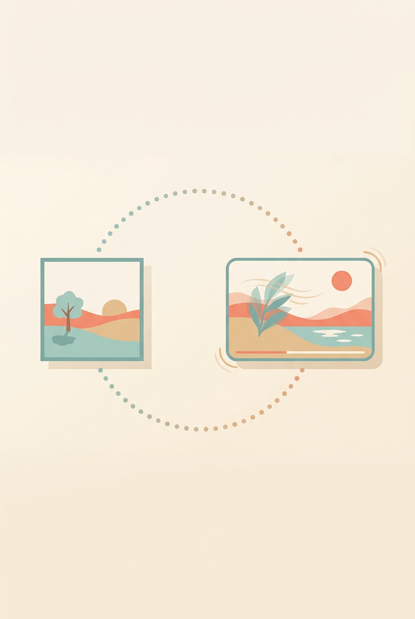 Flat vector illustration of a still image turning into a moving video frame, representing an image to video workflow