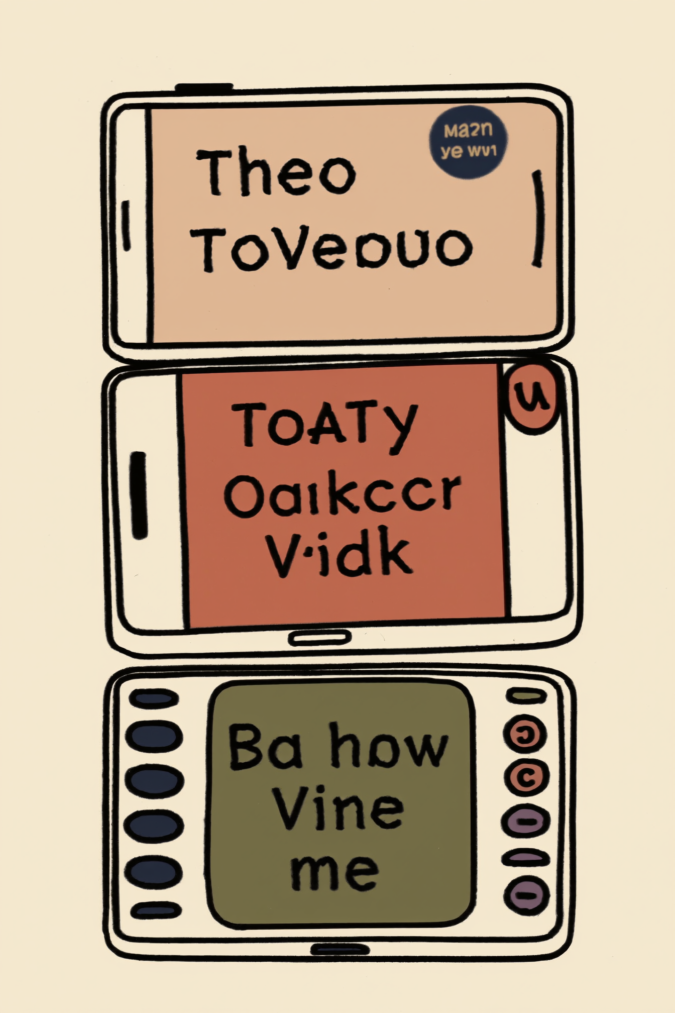 Flat vector illustration of three stacked phone screens showing vertical videos, each with a small disclosure badge