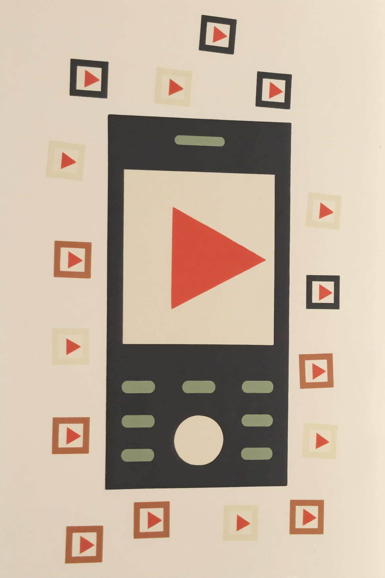 Flat vector illustration of a tall vertical phone with a play triangle surrounded by small video thumbnails