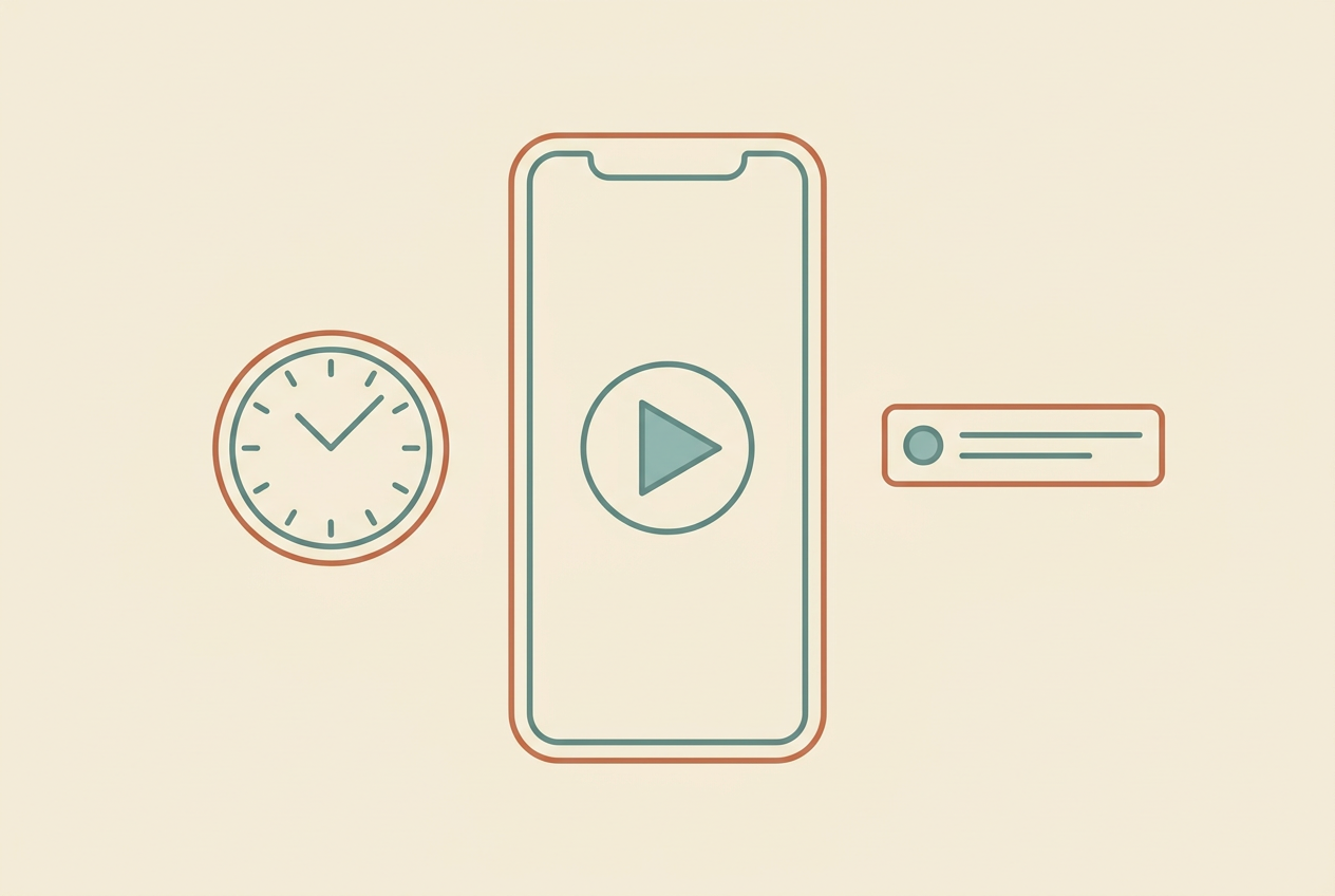Flat vector illustration of a vertical phone screen with a play icon beside clock and caption icons