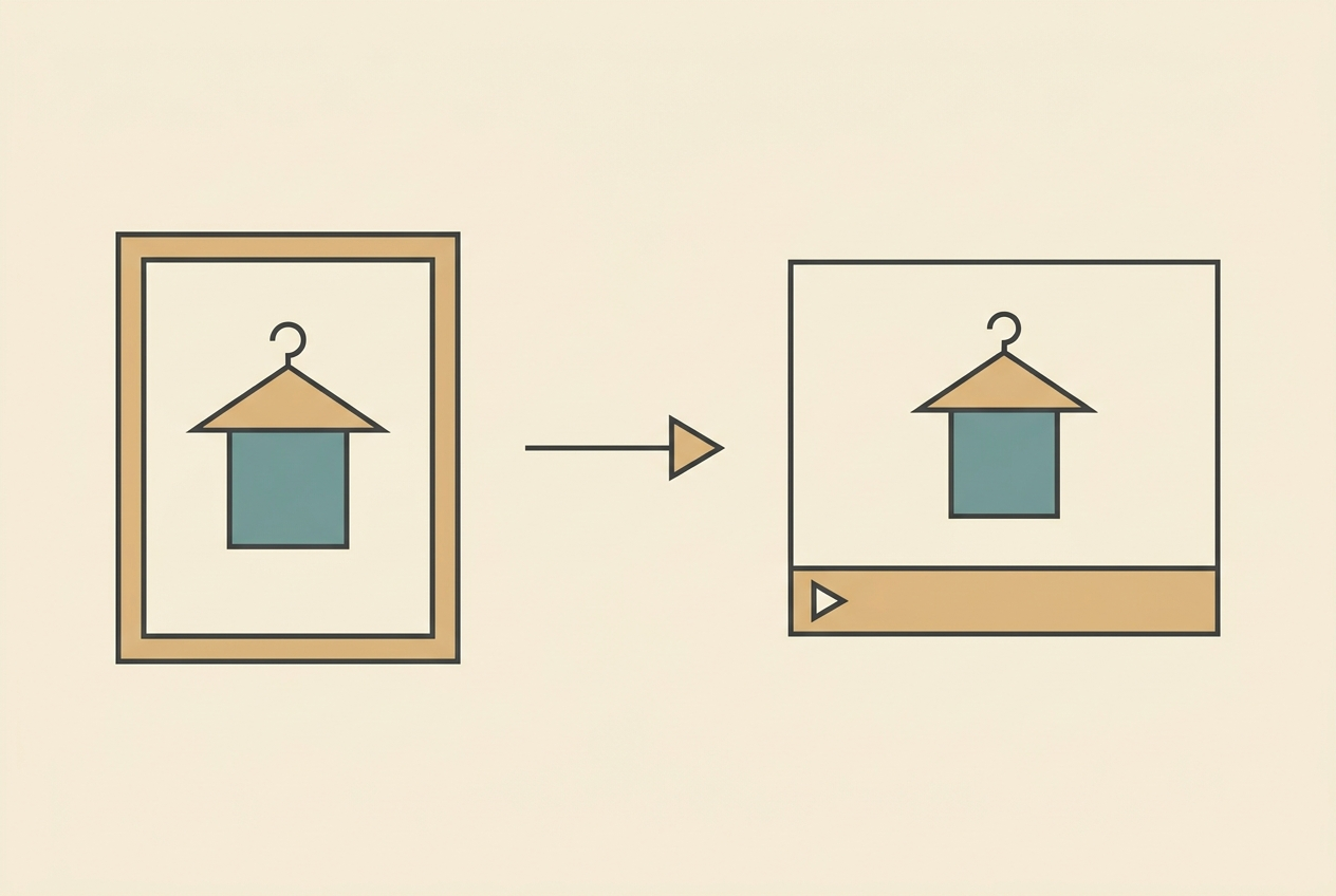 Flat vector illustration of a still product photo frame with an arrow leading into a video frame with a play button