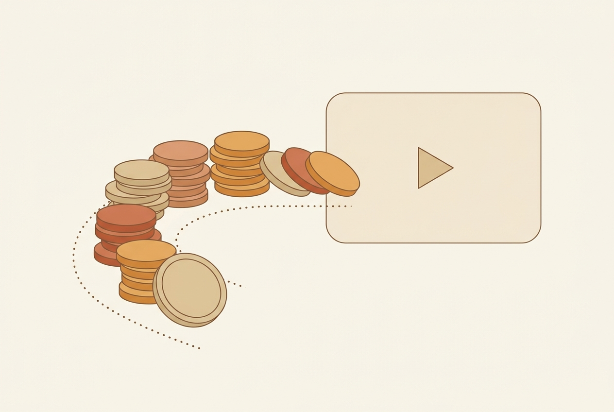 Flat vector illustration of coins flowing along a dotted path into a video frame