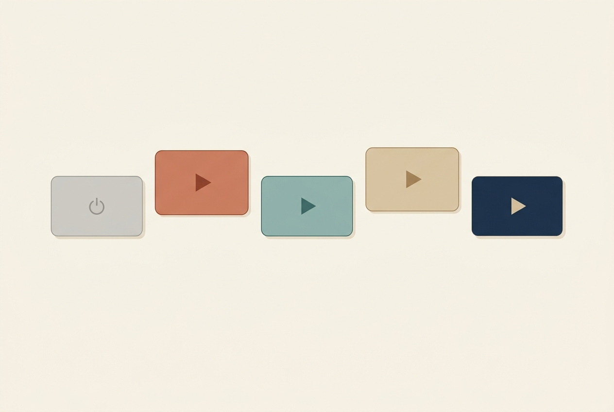Flat vector illustration of five video player cards, one switched off and four glowing