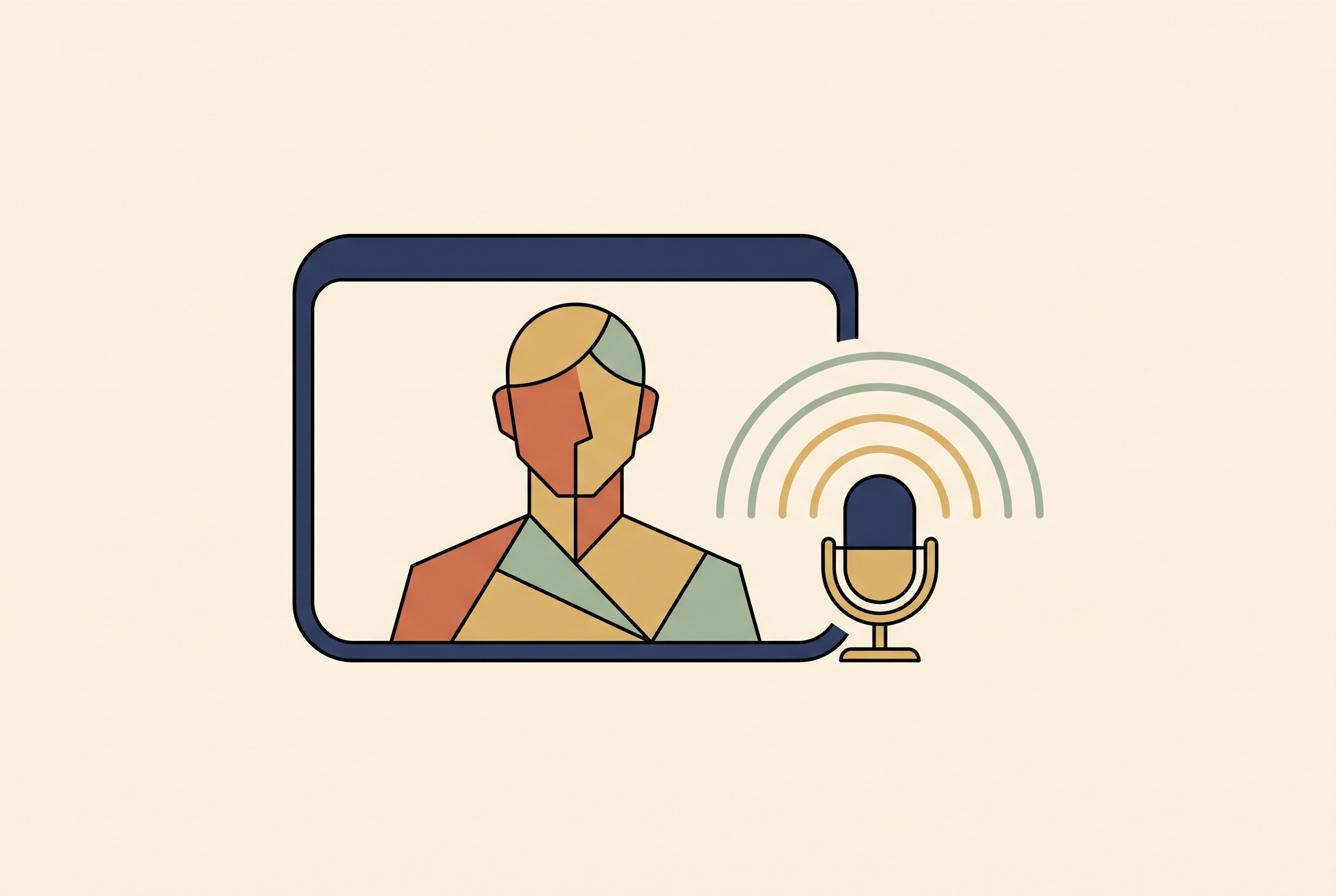 Flat vector illustration of an AI presenter inside a rounded video window with sound arcs