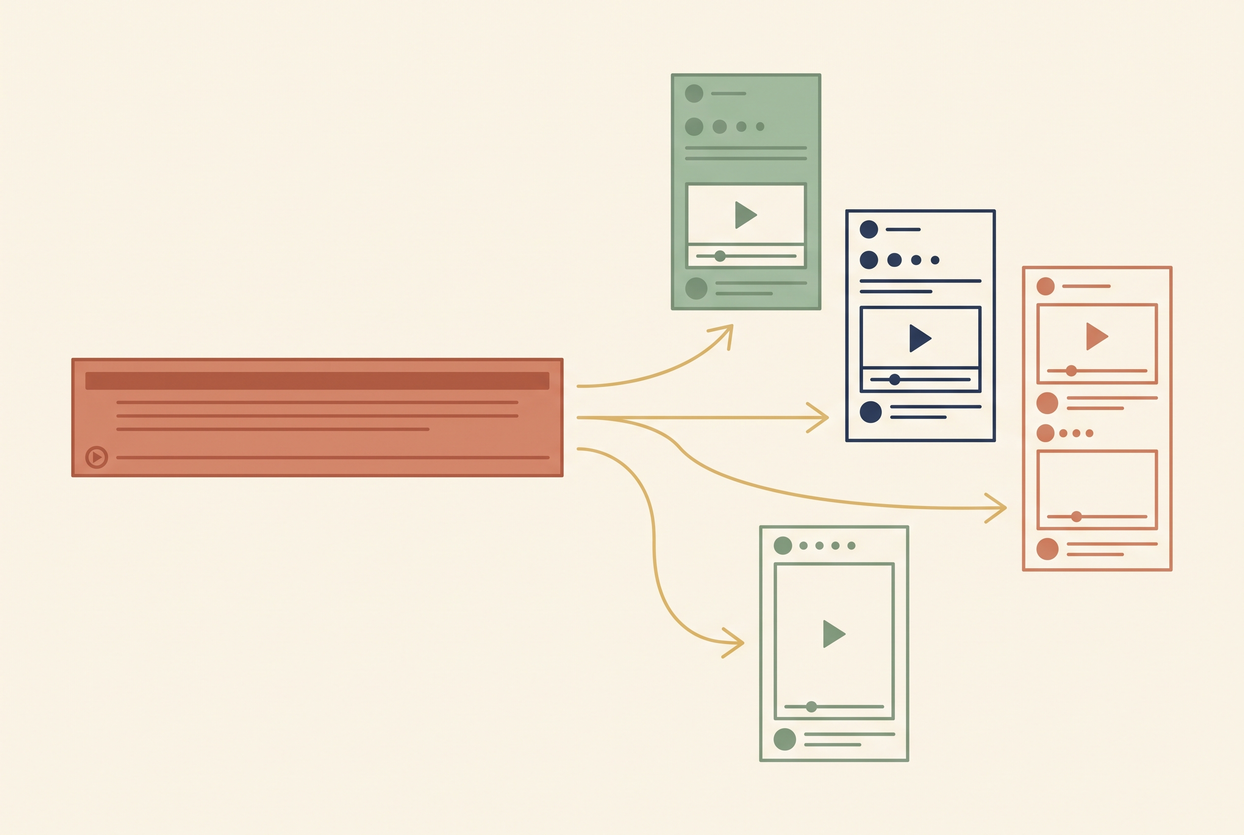 Flat vector diagram of one long video being split into three vertical short clips