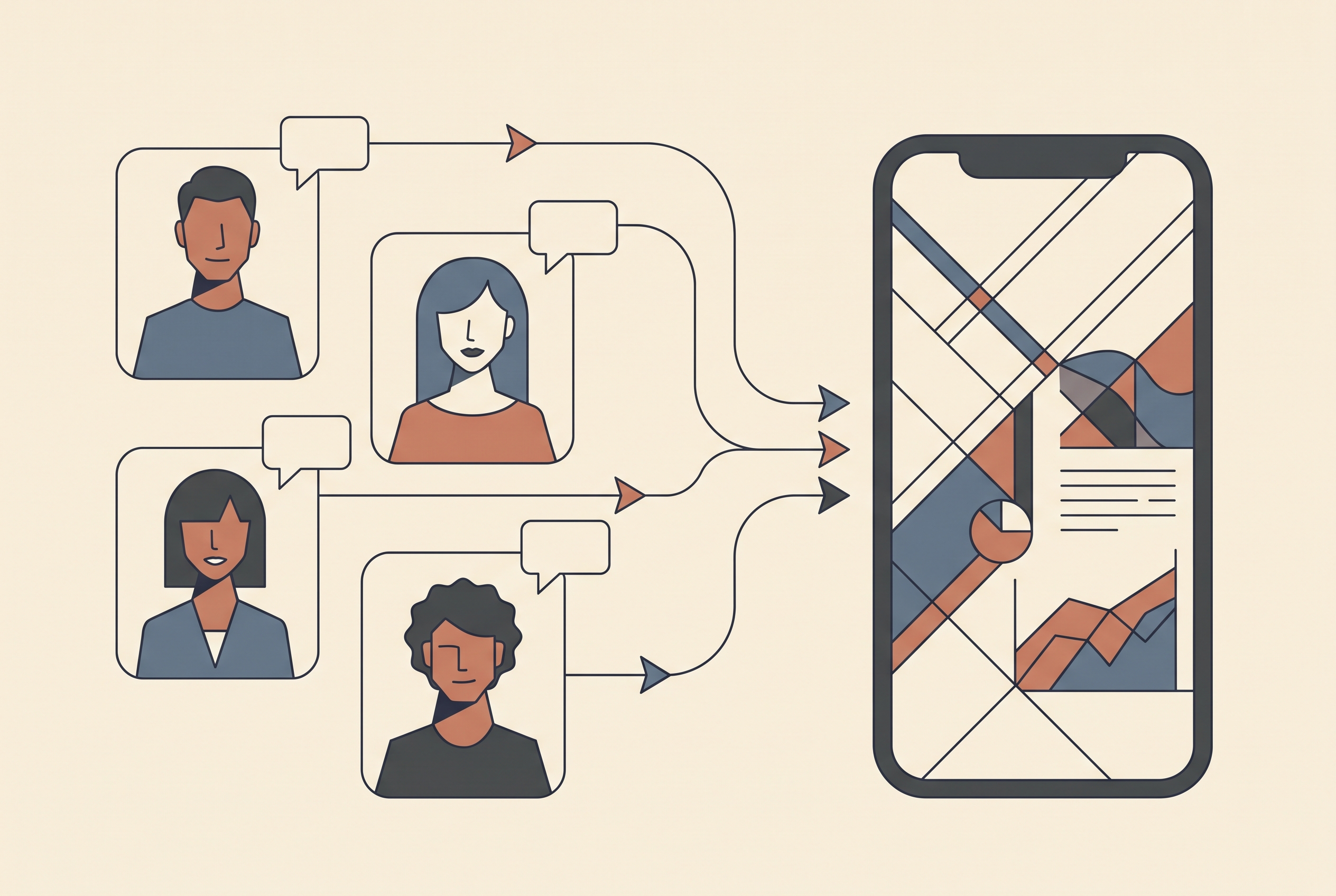 Flat vector illustration of four AI actor portraits with speech bubbles feeding into a single phone screen