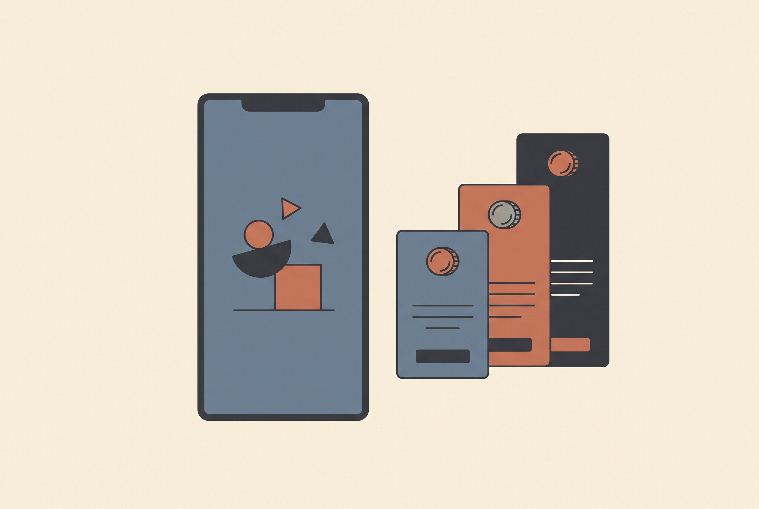 Flat vector illustration of a vertical phone screen playing a video ad beside three rising pricing plan cards