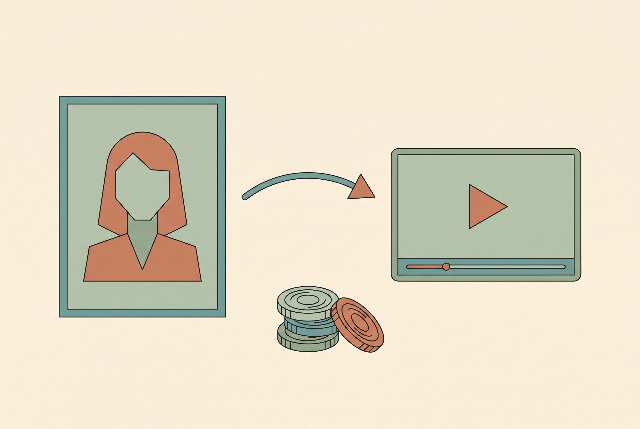 Flat vector illustration of a portrait frame connected by an arrow to a video player, with a stack of credit tokens beneath