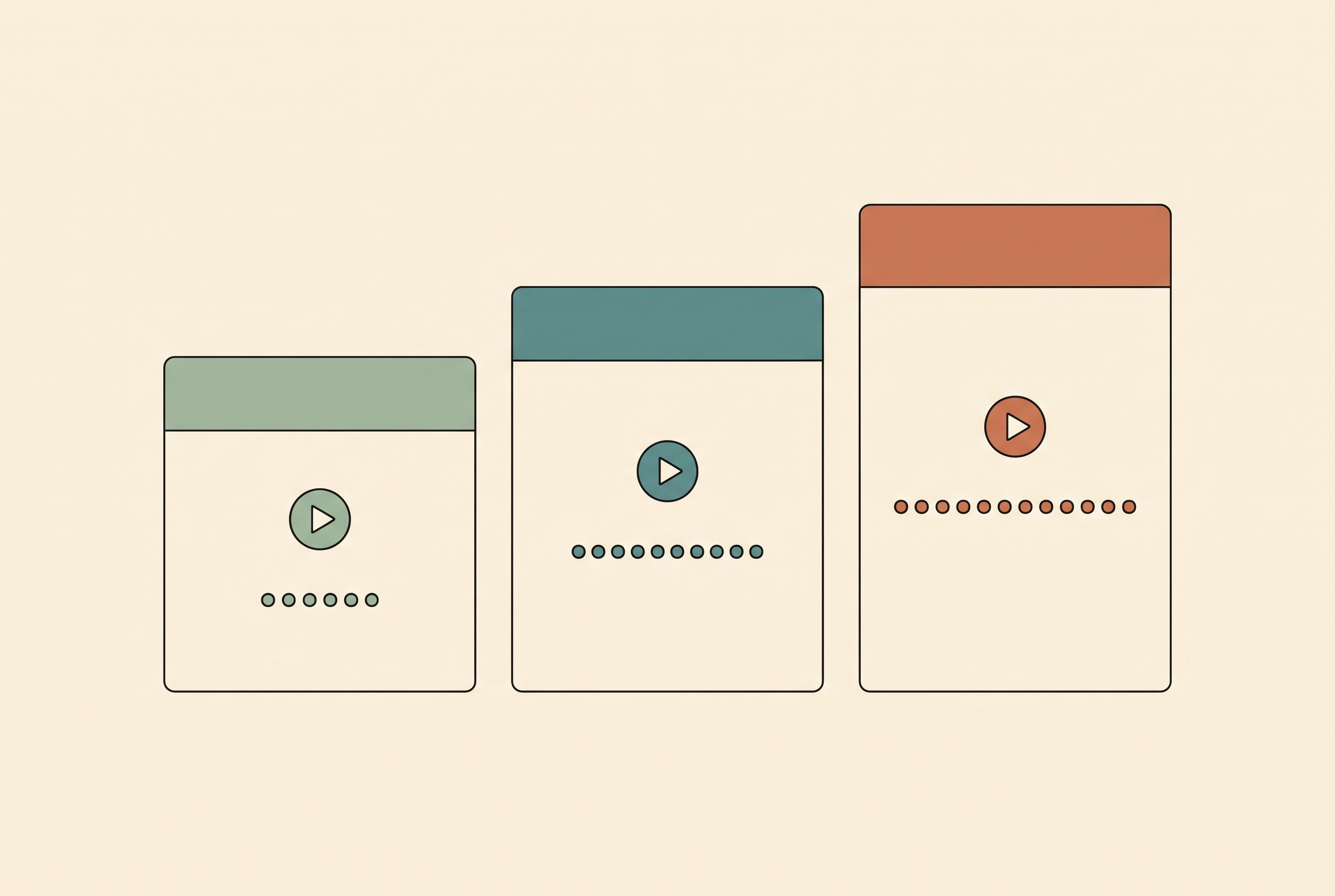 Flat vector illustration of three subscription plan cards of increasing size, each with a play button and a row of dots for included minutes