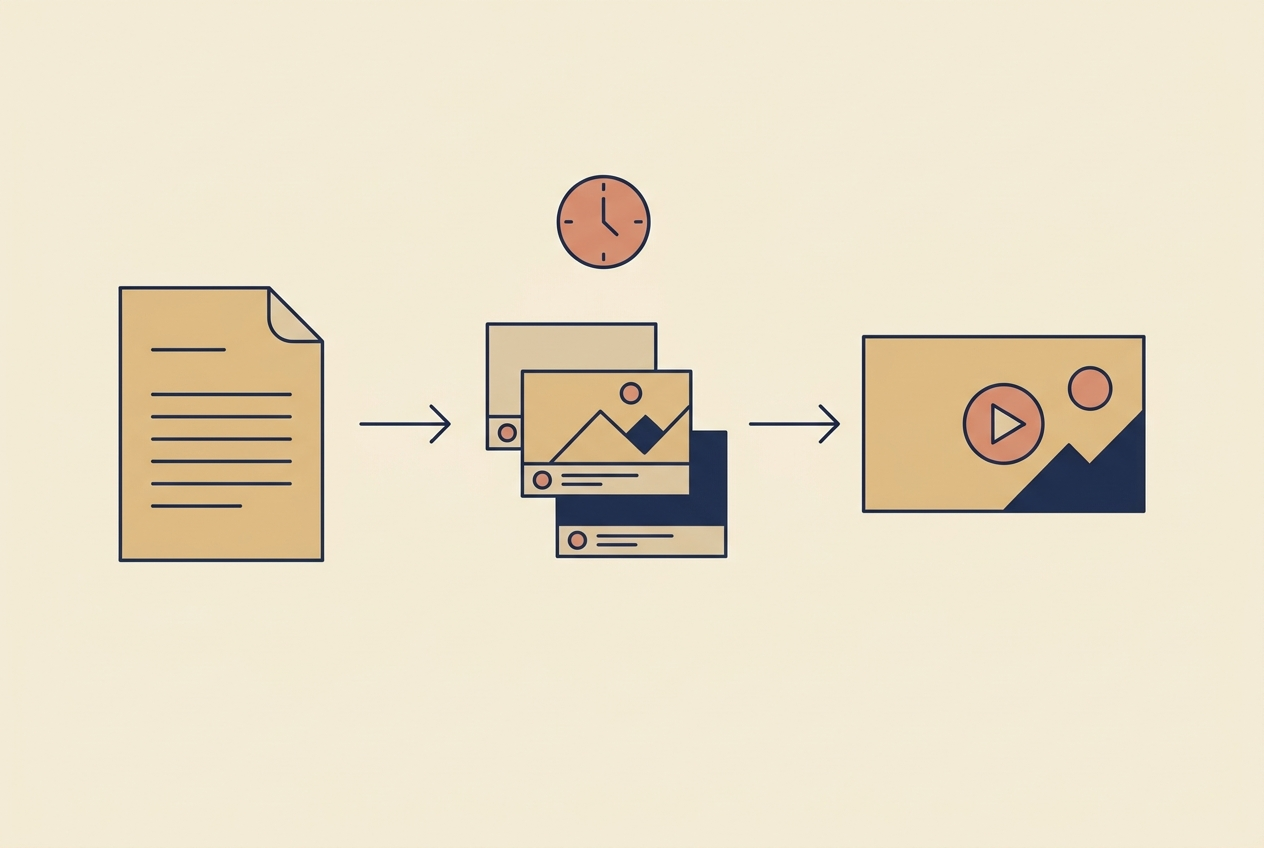 Flat vector illustration of a script page, a stack of shot cards and a finished video frame