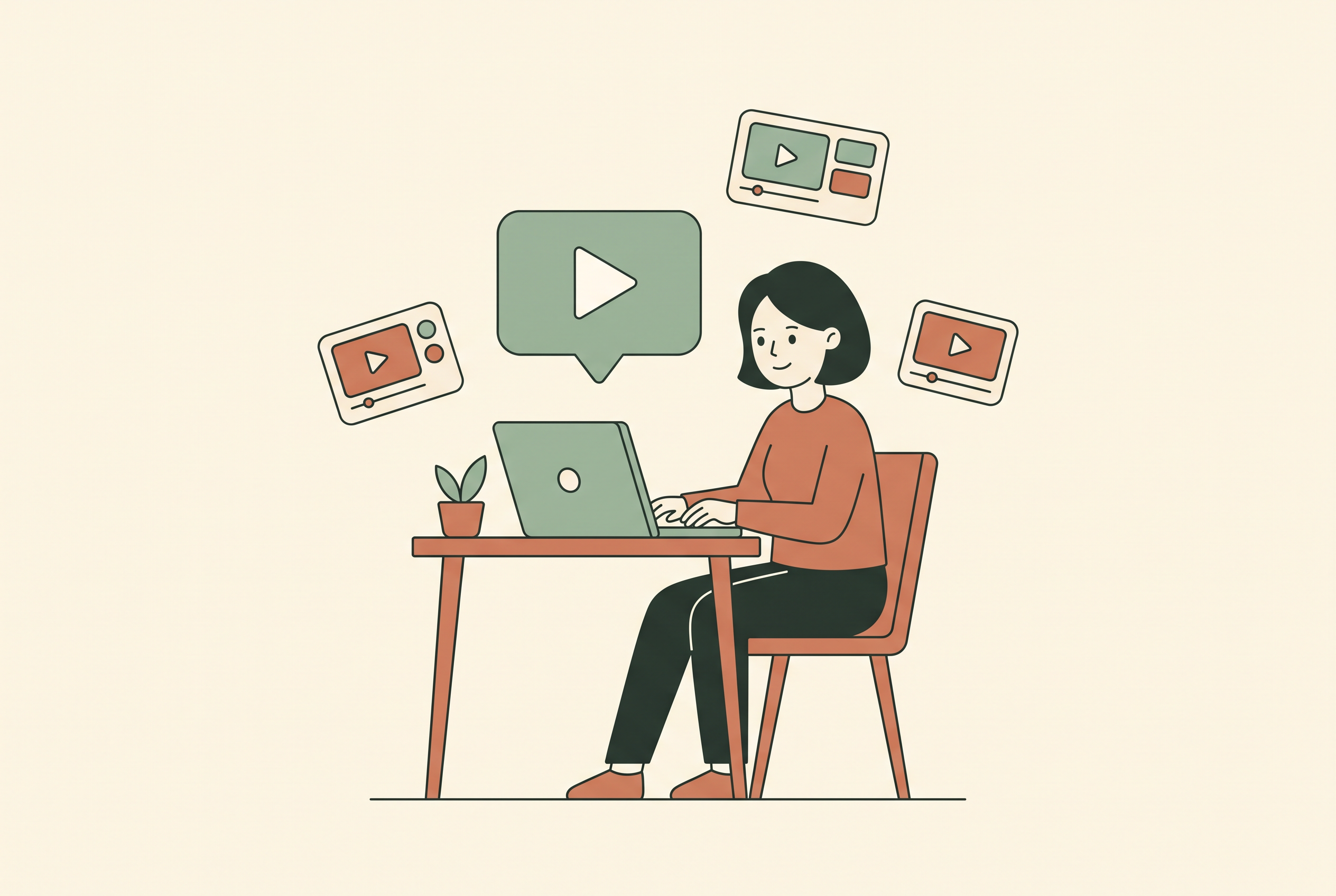 Flat vector illustration of a creator generating AI video clips on a laptop