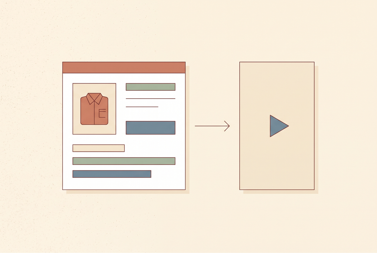 Flat vector illustration of a Shopify product page with a video clip playing beside it