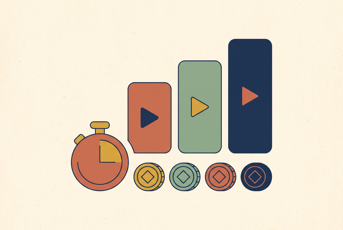 Flat vector illustration of a credit balance card, rising bars and a video player tile