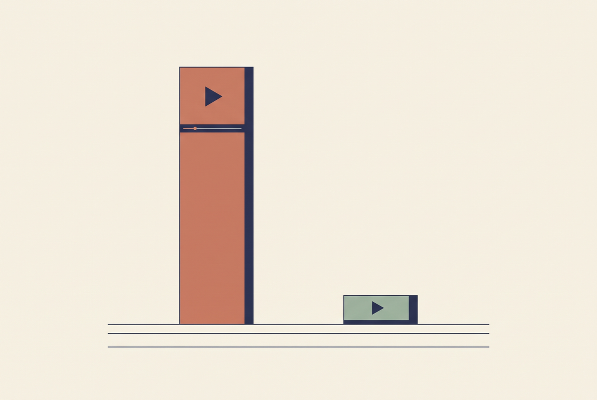 Flat vector illustration of a bar chart comparing two video thumbnails at very different heights