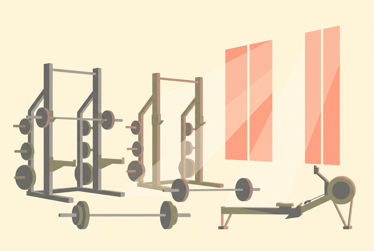 Flat vector illustration of an empty gym floor at dawn with racks and barbells