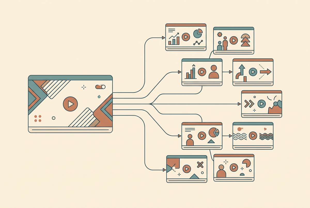 Flat vector illustration of one video master branching into seven localised versions, cream background