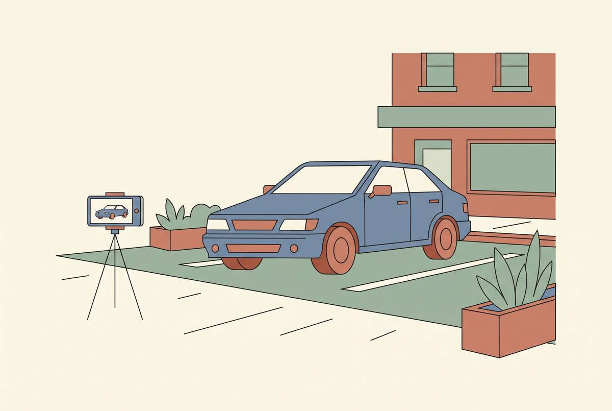 Flat vector illustration of a car on a dealership forecourt being filmed by a phone on a tripod