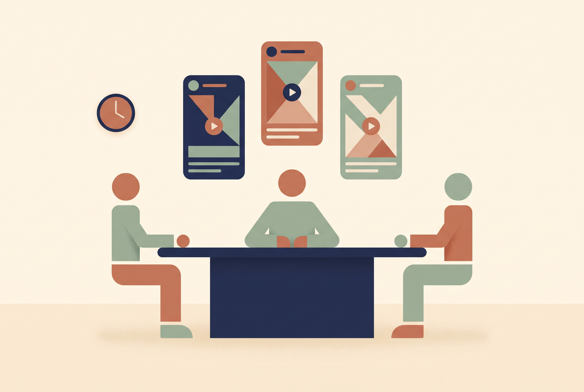 Flat vector illustration of three people at a table with vertical video frames above them