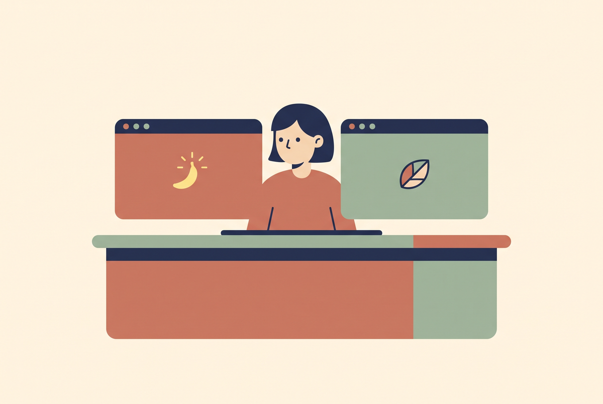 Flat vector illustration of a creator comparing two image generator windows side by side