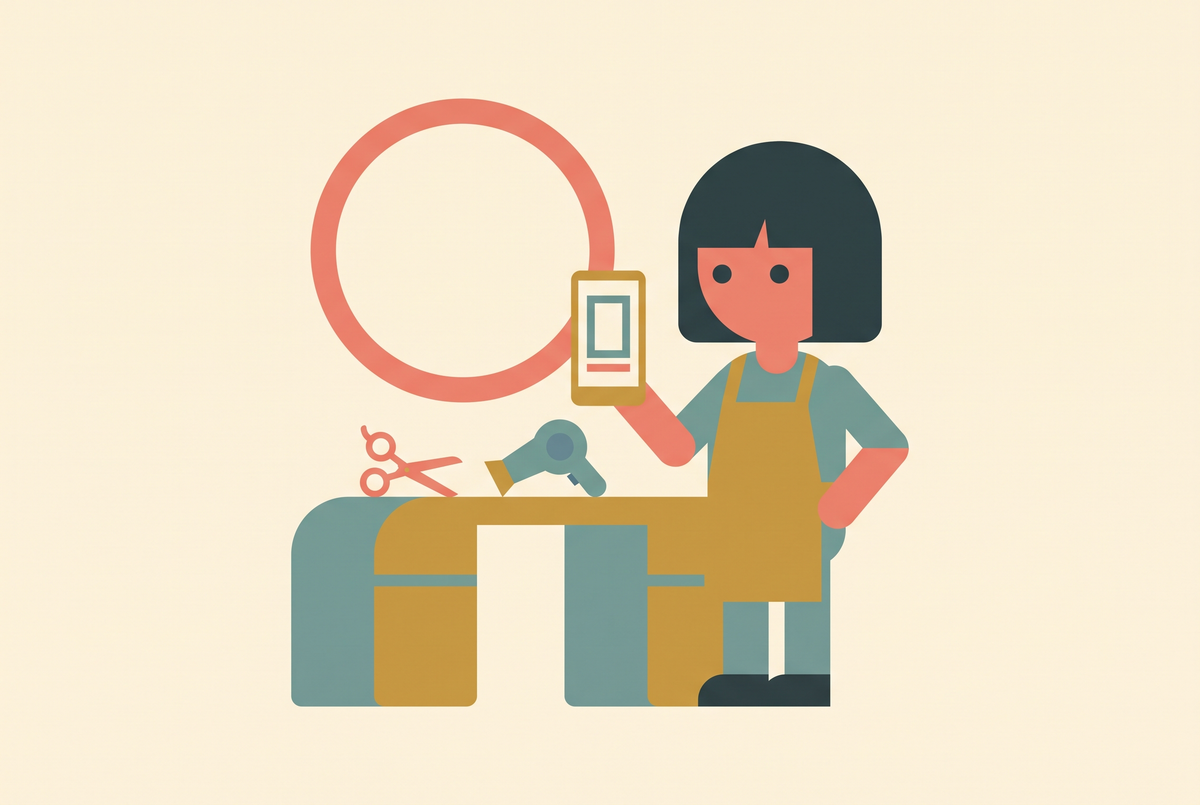 Flat vector illustration of a salon owner at a styling station planning short vertical videos on a phone beside a mirror and hair tools
