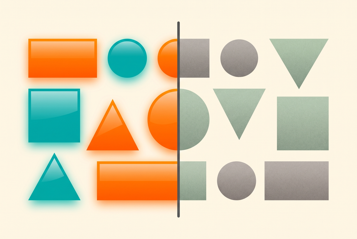 Flat vector comparison on a cream background: glossy oversaturated orange and teal shapes on the left, the same shapes in muted matte greys and sage on the right