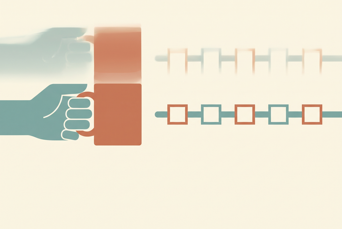 Flat vector illustration of a hand holding a mug beside a video timeline on a cream background