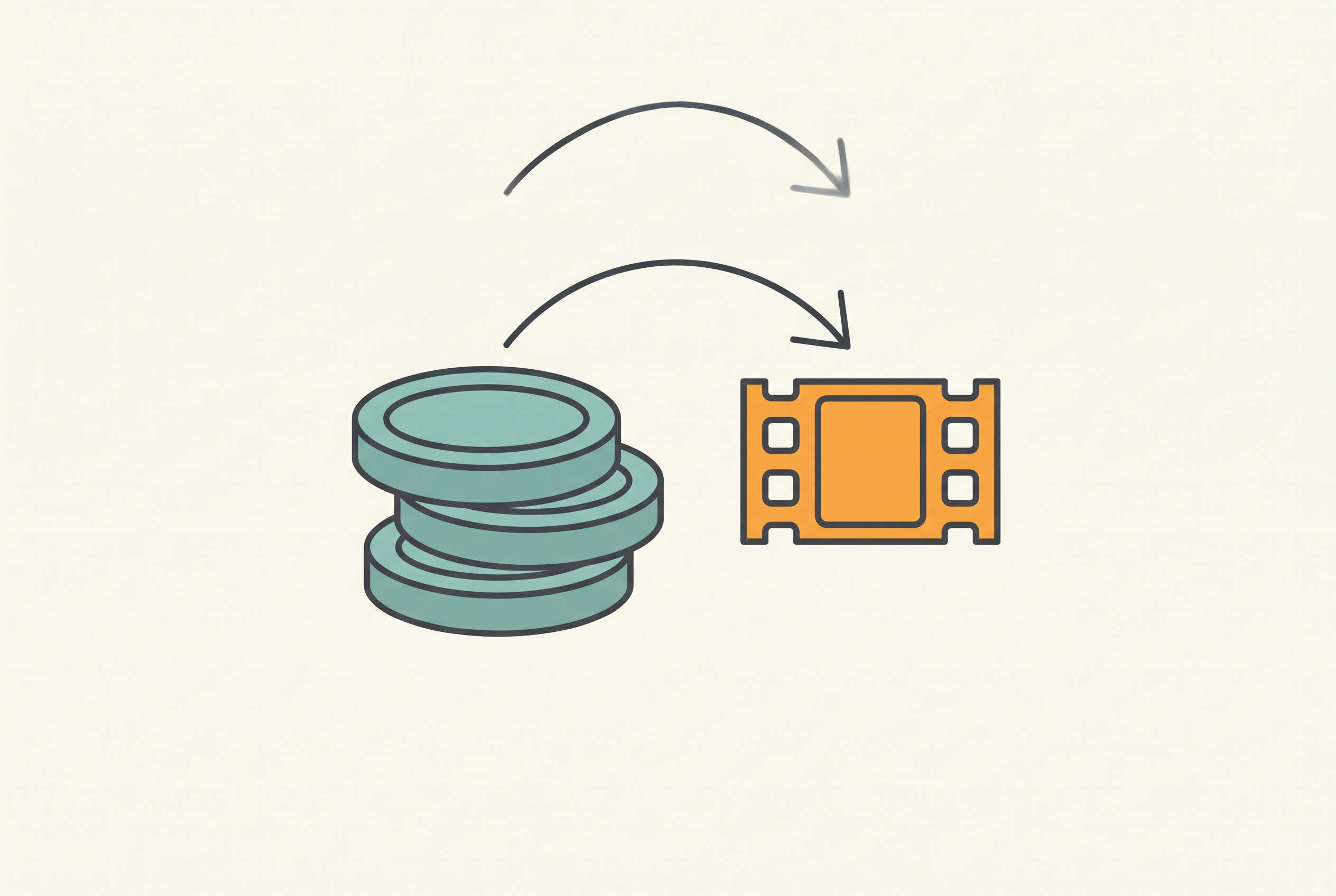 Flat vector illustration of coin tokens flowing into a film strip frame