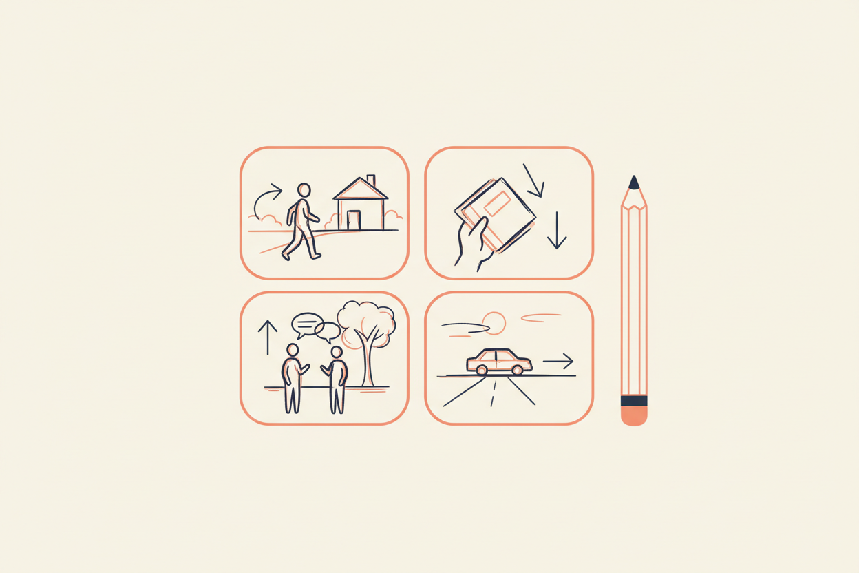 A four-panel AI storyboard grid with rough sketched scenes and camera-movement arrows, beside a pencil