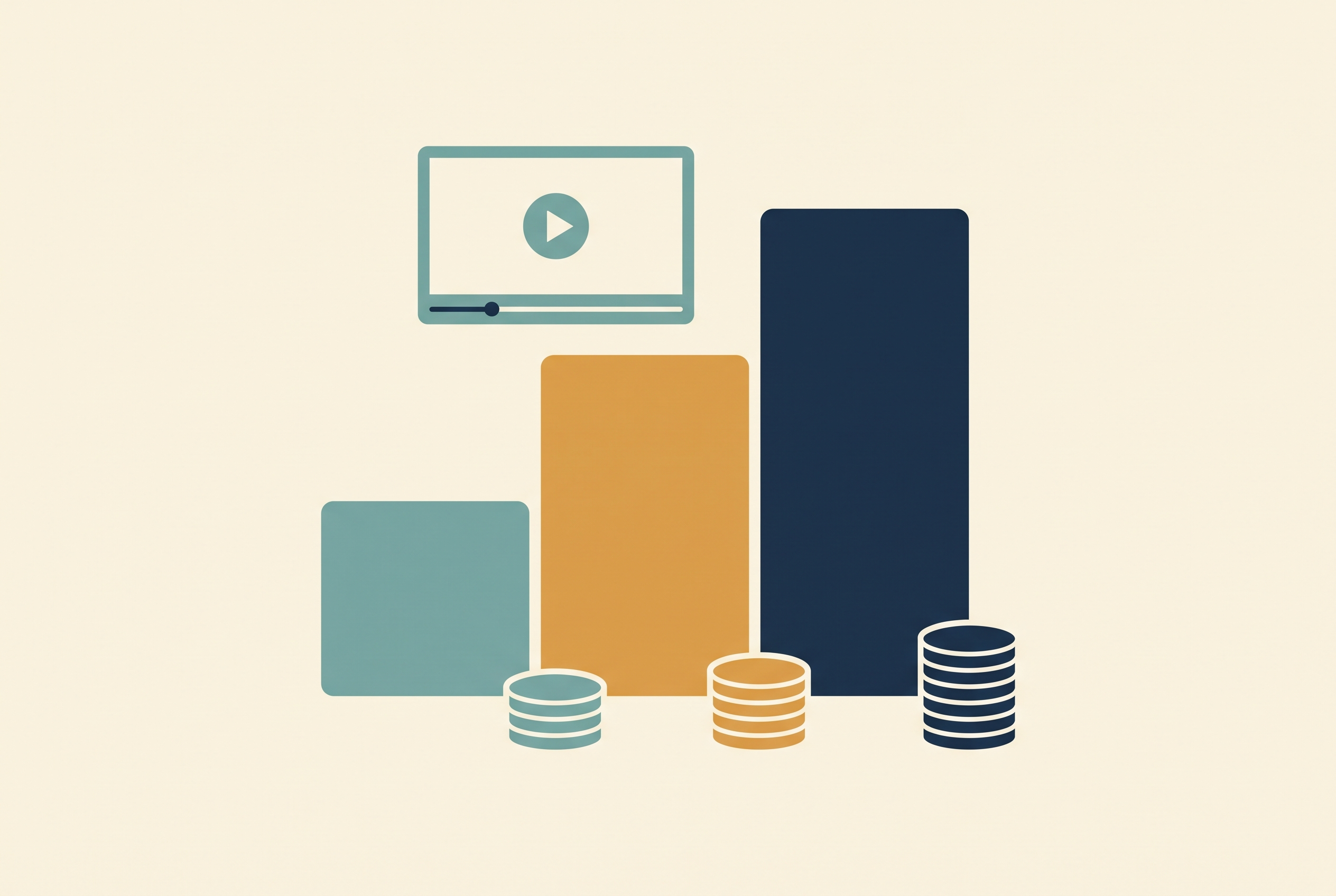 Flat vector illustration of three subscription tier cards with coin stacks and a floating video play frame