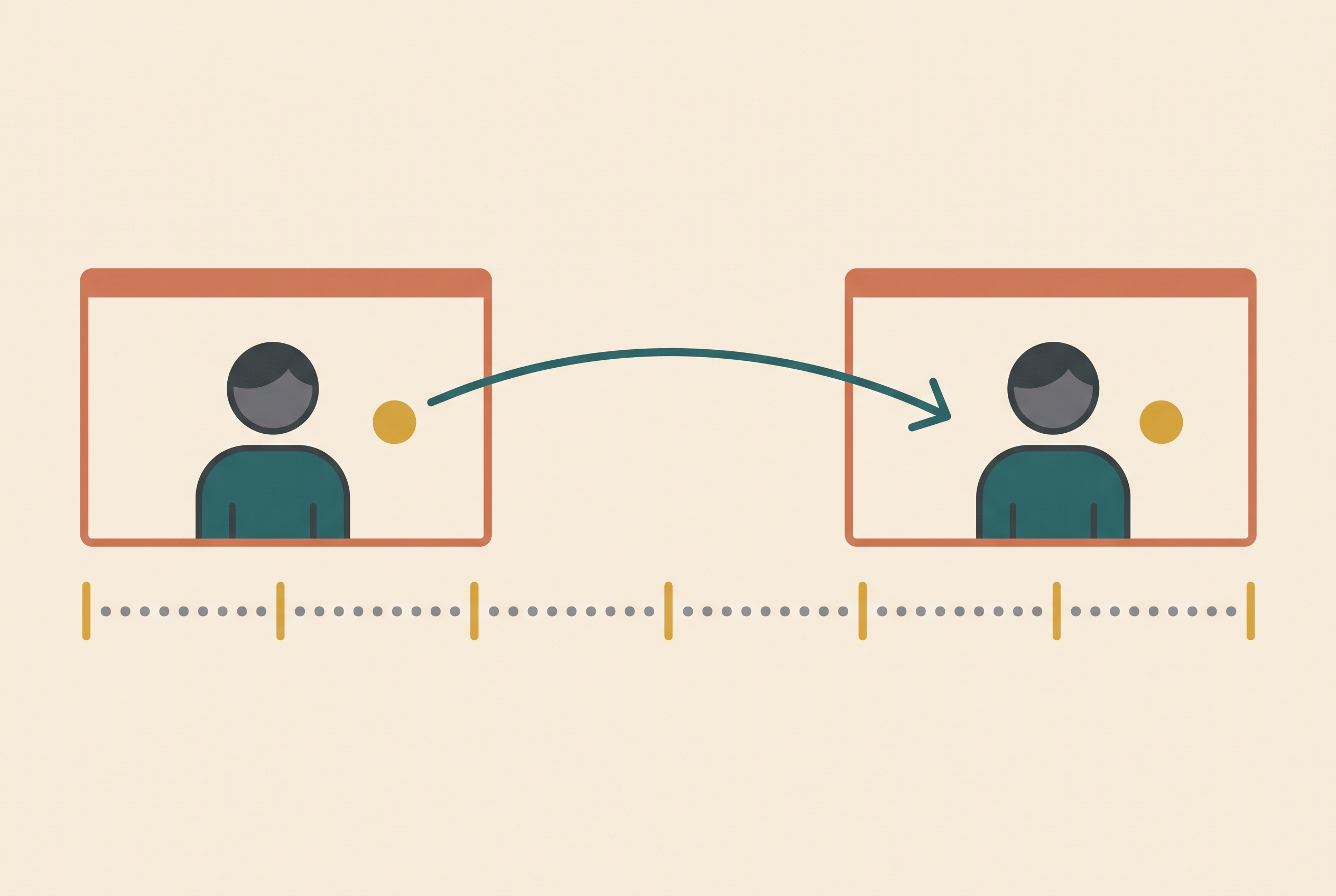 Flat illustration of two video frames linked by an arrow with the same character in both and a timeline below