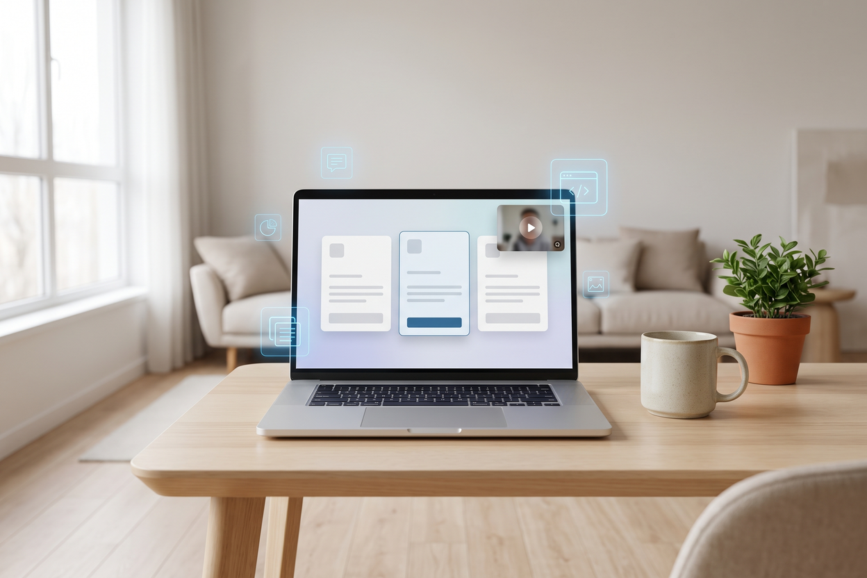Laptop on a bright desk showing an AI video subscription pricing page with three plan cards