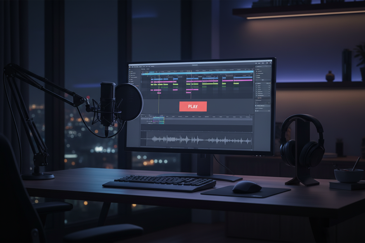 Faceless YouTube channel desk setup with AI video editing on a glowing monitor at night